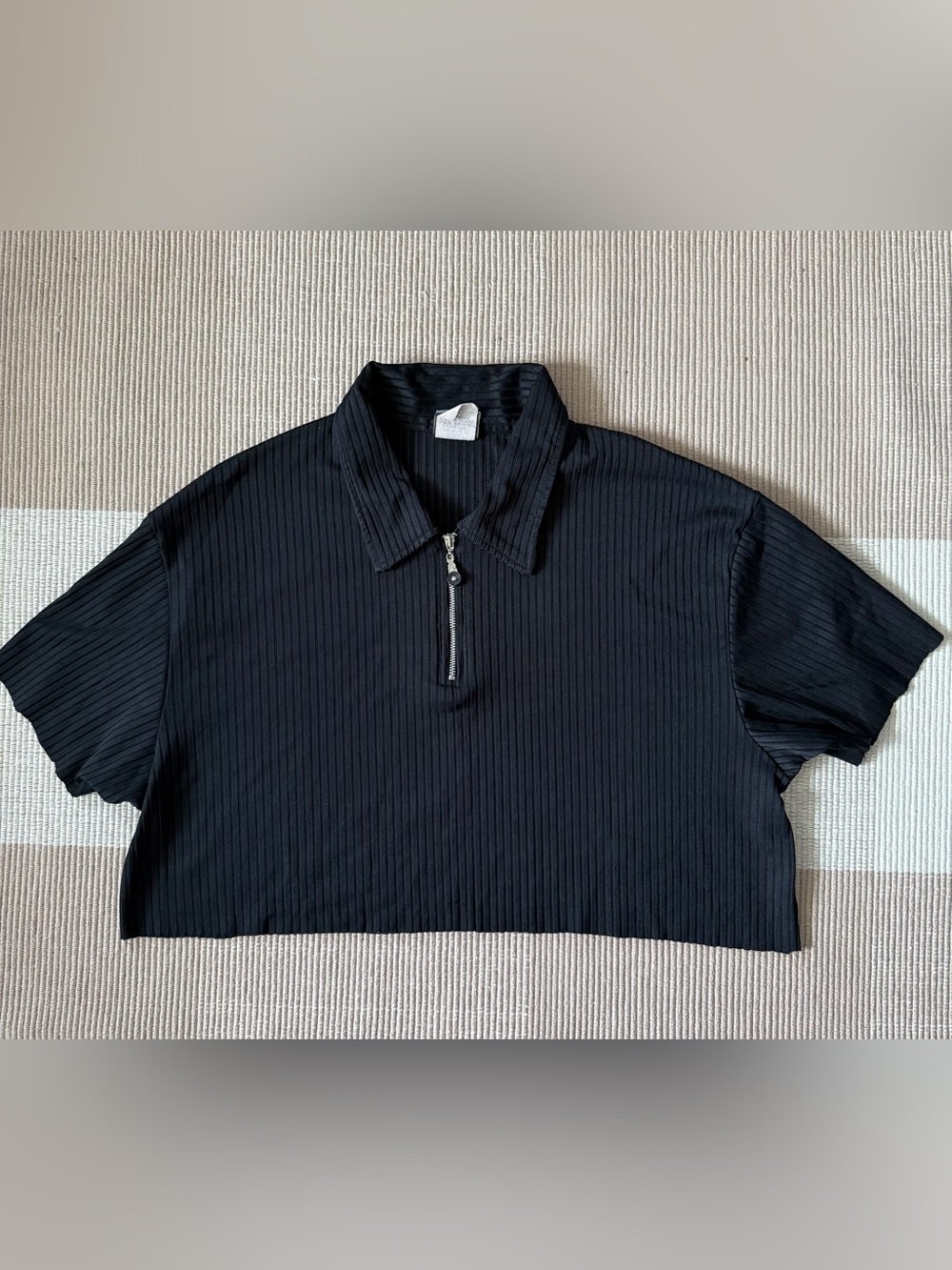 Black Ribbed Half-Zip Polo Top - Women